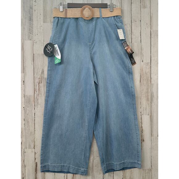 Chambray Denim Pants Medium Light Blue Belted Wide Leg Cropped Beachy Coastal - Picture 1 of 11